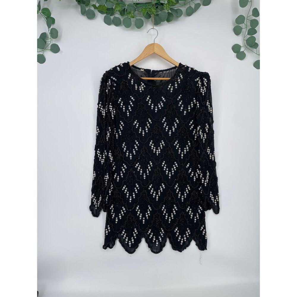 Vintage Black Embroidered Beaded Scalloped Top L